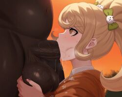 1boy 1girls ai_generated balls big_balls big_penis blowjob danganronpa danganronpa_2:_goodbye_despair dark-skinned_male fellatio female huge_cock male male/female oral penis saionji_hiyoko saliva straight testicles veiny_penis