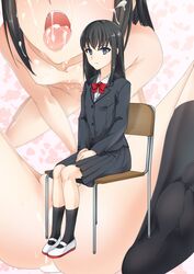 after_sex black_hair blazer blue_eyes cum cum_in_pussy cum_on_body facial female highres jacket nude original school_uniform sitting skirt smile solo spread_legs uniform urepito_honke