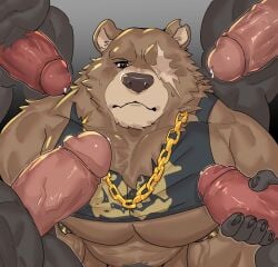 anthro bear ben_bigger blush bodily_fluids brown_body brown_fur clothing erection facial_scar fur gangbang genital_fluids genitals group group_sex hi_res istani jewelry male male/male mammal mihoyo missing_eye muscular muscular_anthro muscular_male necklace pecs penis precum scar sex shirt surrounded_by_penis tank_top topwear zenless_zone_zero