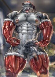 2023 abs absurd_res anthro barazoku biceps big_muscles big_penis biped christmas erection felid foreskin genitals glans hi_res holidays huge_cock huge_muscles humanoid_genitalia humanoid_penis looking_at_viewer male mammal mostly_nude_anthro mostly_nude_male muscular muscular_anthro muscular_male nipple_bell pantherine pecs penis solo standing tiger tongue tongue_out vein veiny_penis yukihoshiak