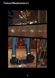 absurd_res anthro bodily_fluids comic cum cum_dripping_from_ass digital_media_(artwork) fallout genital_fluids hi_res horn lagomorph laser_rifle male male_focus male_only mammal microsoft sany_van_fox sanythefox solo vault_suit wings wolpertinger
