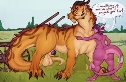 animal_genitalia anthro ass balls big_balls big_butt bodily_fluids cera_(ceraferis) claws command dialogue dragon dripping duo female feral field flat_chested fur furred_dragon furred_scalie genital_fluids genitals grass hair hi_res horn huge_butt larger_feral male male_only mythological_creature mythological_scalie mythology outside penis penis_tip pink_body pink_scales plant precum precum_drip purple_hair scales scalie sheath size_difference smaller_anthro spade_tail speech_bubble tail text toe_claws wingless_dragon zortie