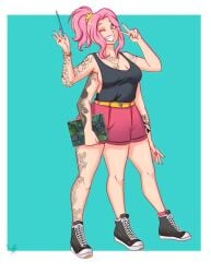 3_breasts 3_legs 4_arms accessworld light-skinned_female miniskirt multi_arm multi_breast multi_leg multi_limb pencil pink_eyes pink_hair skirt smile tattoos