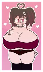 big_breasts big_thighs black_hair giant_breasts huge_breasts mia_(hunterkawari) oc original_character purple_hair red_eyes short_hair shorts shortstack skull smile spiked_collar succubus verdoshonsfw