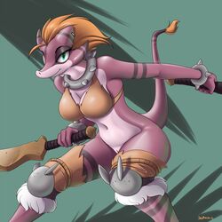 2016 anthro breasts cleavage clothed clothing collar devo87 female hair hi_res holding_object holding_weapon melee_weapon navel pussy short_hair smile solo unknown_species weapon