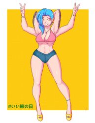 4_arms accessworld bare_arms bare_legs blue_hair bra high_heels light_skinned_female multi_arm multi_limb navel painted_nails red_eyes smile tattoo