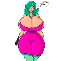 black_lipstick dress gloves green_hair hourglass_figure lola_(brawl_stars) russian_text talking_to_self tight_clothing