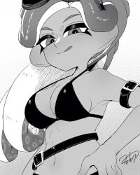 1girls arm_strap belt bikini bikini_top black_bikini breasts dark-skinned_female hand_on_hip licking_lips long_hair looking_at_viewer medium_breasts minawakee monochrome navel nintendo octoling octoling_girl solo splatoon sunglasses sunglasses_on_head swimsuit swimwear tentacle_hair tongue_out watermark