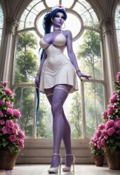 1girls ai_generated amelie_lacroix big_breasts blue_hair breast female female_only long_hair nurse nurse_cap nurse_dress overwatch overwatch_2 oxtonai purple_skin white_dress widowmaker