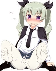 anchovy ass blush cum cum_on_clothes feet female girls_und_panzer long_hair looking_at_viewer open_mouth ponpon_(tosico) shiny_hair shiny_skin solo spread_legs white_background