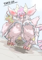 absurd_res accident anthro beach big_ears blue_eyes blush bodily_fluids clothed clothing costume curled_horn embarrassed female fur genital_fluids hair hi_res horn mttbsmn muse_meant_777 omorashi open_mouth peeing pink_body pink_fur pink_hair solo urine urine_pool wetting