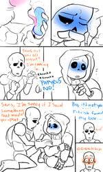 ... ambiguous_gender animated_skeleton blush bone comic detachable detachable_penis dialogue door english_text frisk human licking magic_penis male mammal nsfwshamecave oral papyrus sans simple_background skeleton sound_effects text tongue tongue_out undead undertale