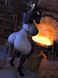 3d_(artwork) absurd_res anthro anvil apron apron_only areola ass axe big_breasts big_butt black_nipples blacksmith breasts butt_pose canid canine canis chadotexas clothed clothing detailed_background digital_media_(artwork) feet female fire forging fur hair hammer hi_res huge_breasts inside mammal medieval mostly_nude mythological_canine mythological_creature mythology nipples pose side_boob smithing smithy solo standing thick_thighs toes tools weapon were werecanid werecanine werewolf wolf