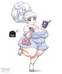 1female bbw belly_bulge bianca_(fellatrix) black_toenails busty chubby chubby_female fat_mons fat_thighs fellatrix female griselda_(fellatrix) ice_cream jewlery jigglypuff phone pink_heels shortstack texting white_background white_hair wide_hips yellow_eyes