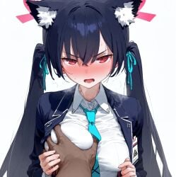 1boy 1girls ai_generated angry black_hair blue_archive blush breast_grab cat_tail dark-skinned_male dark_skin embarrassed hair_ribbon huge_breasts interracial large_breasts light-skinned_female light_skin looking_at_viewer red_eyes school_uniform schoolgirl serika_(blue_archive) twintails uncle_illustration