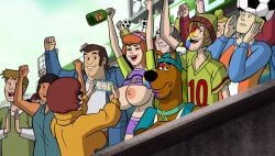 2girls beer_bottle breasts breasts_out brown_hair cheering clothing crowd daphne_blake domestic_dog edit female fred_jones glasses human looking_at_breasts male multiple_boys nipples outside phone scooby-doo scooby-doo_(character) screenshot screenshot_edit shaggy_rogers smiling tits_out velma_dinkley woot