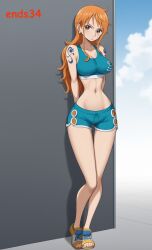 ai_generated ends34 feet female female_only hips long_hair medium_breasts nami one_piece orange_eyes orange_hair solo sports_bra