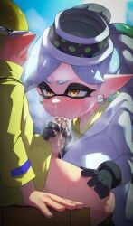1boy 1girls agent_3_(splatoon_3) beauty_mark black_gloves blowjob bottomless_male censored censored_penis clothed clothed_female cum cum_in_mouth excessive_cum facial_markings fellatio female gloved_handjob gloves hair_ornament handjob hi_res hizake inkling inkling_boy inkling_girl kashu_(hizake) large_penis light-skinned_female light_skin male marie_(splatoon) mole_under_eye mosaic_censoring new_agent_3_(splatoon) nintendo penis pointy_ears splatoon splatoon_(series) splatoon_3 tentacle_hair tied_hair white_hair yellow_eyes yellow_hair