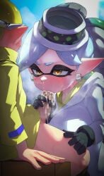 1boy 1girls agent_3_(splatoon_3) beauty_mark black_gloves blowjob bottomless_male censored censored_penis clothed clothed_female cum cum_in_mouth cum_out_nose excessive_cum facial_markings fellatio female gloved_handjob gloves hair_ornament handjob hi_res hizake inkling inkling_boy inkling_girl kashu_(hizake) large_penis light-skinned_female light_skin male marie_(alterna) marie_(splatoon) mole_under_eye mosaic_censoring new_agent_3_(splatoon) nintendo penis pointy_ears splatoon splatoon_(series) splatoon_3 tentacle_hair tied_hair white_hair yellow_eyes yellow_hair