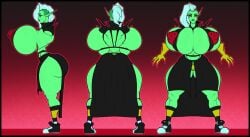 1girls asymmetrical_hair black_dress character_sheet cleavage curvy gigantic_breasts gloves gradient_background green_skin hourglass_figure huge_ass lord_dominator muscular_back muscular_female nolollygagging ponytail red_background red_eyes shoes sidecut solo standing thick_thighs veiny_breasts wander_over_yonder white_hair wide_hips yellow_gloves