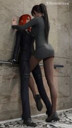 2girls 3drendernoob cissnei crotch_rub final_fantasy final_fantasy_vii final_fantasy_vii_remake fingerless_gloves heels multiple_girls painted_nails pinned_to_wall ponytail ring self_upload stockings suit tifa_lockhart video_games yuri