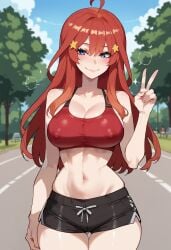 1girls ai_generated bare_arms bare_legs bare_shoulders bare_thighs big_breasts blue_eyes blush clothed clothing color female female_focus female_only floppydisc go-toubun_no_hanayome hi_res large_breasts light-skinned_female light_skin long_hair looking_at_viewer nakano_itsuki nipples_visible_through_clothing red_hair solo solo_female tagme thick_thighs