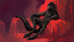 animal_genitalia anthro bed_sheet bedding black_fur blue_eyes brendavid equine fur hooves horse horse_tail male male_only mammal mane nude painterly pink_nose pinup pose sheath tasteful