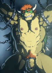 1boy abs animal_genitalia anthro armband arms_up artist_request balls bottomless bowser chains clenched_teeth clothed clothing cock_ring foreskin hair horn humanoid_penis koopa male male_only mario_(series) mature_male muscular muscular_male nintendo nipples nude partially_retracted_foreskin pecs penis pubes red_eyes red_hair restrained retracted_foreskin scales scalie shell solo spiked_armlet spikes teeth topless uncircumcised uncut vein veiny_penis video_games