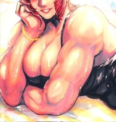 1girls breasts cleavage clothing female framed_breasts grin huge_breasts large_breasts lips lipstick long_hair looking_at_viewer makeup marisa_rossetti mole mole_under_eye muscular_female one_eye_closed red_hair short_hair smile solo street_fighter street_fighter_6 sweater upper_body zmnjo1440