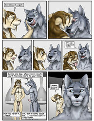 2boys amber_eyes anthro balls blue_eyes canine comic dialogue duo english_text erection feline flaccid gay hitting_the_showers lion male male_only mammal multiple_boys penis text wolf wooky yaoi