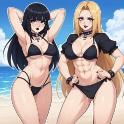 2girls abs ai_generated arms_behind_head beach bikini bikini_bottom bikini_top black_bikini black_bikini_bottom black_bikini_only black_bikini_top black_clothes black_clothing black_hair black_lipstick black_makeup blonde_hair blue_eyes blue_sky bracelet bracelets cameltoe cleavage clouds dark_makeup female female_focus female_only females females_only goth hands_on_hips jorgecarlosai lipstick makeup multiple_girls muscular muscular_female navel outline sand spiked_bracelet spiked_collar spikes swimsuit toned toned_female water watermark