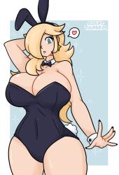 1girls alternate_version_available arm_behind_head arm_up artist_logo artist_name bangs big_breasts black_nails blonde_hair blue_background blue_eyes bow bowtie breasts bunny_ears bunny_girl bunny_tail bunnysuit cleavage clothed clothing cuffs cuffs_(clothing) curvaceous curvy curvy_figure detached_collar earrings eyelashes fake_animal_ears fake_tail female female_only hair_over_one_eye hand_behind_head huge_breasts jewelry large_breasts leotard lips lipstick logo_parody long_hair looking_at_viewer makeup mario_(series) nail_polish navel nintendo playboy_bunny princess_rosalina shiny_skin silenttandem smile solo sparkles speech_bubble spoken_heart star_earrings super_mario_galaxy thick_thighs thighs tight_clothing voluptuous white_background wide_hips