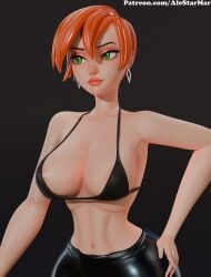 1girls 3d 3d_(artwork) alestarmar areola_slip artist_name ben_10 big_breasts bikini_top black_background busty cartoon_network curvaceous curvy curvy_figure earrings female female_only future_gwen green_eyes gwen_tennyson hourglass_figure huge_breasts large_breasts light-skinned_female light_skin orange_hair patreon_username slim_waist solo voluptuous voluptuous_female waist