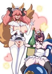 2girls artsu_waifu black_hair drunk fox_ears fox_girl fox_tail maid maid_headdress maid_outfit maid_uniform multiple_girls oni oni_female oni_horns pink_hair presenting_pussy purple_eyes shuten_douji_(fate) tamamo_no_mae_(fate) yellow_eyes