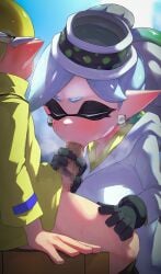 1boy 1girls agent_3_(splatoon_3) beauty_mark black_gloves blowjob bottomless_male censored censored_penis closed_eyes clothed clothed_female facial_markings fellatio female gloved_handjob gloves hair_ornament handjob hi_res hizake inkling inkling_boy inkling_girl kashu_(hizake) large_penis light-skinned_female light_skin male marie_(splatoon) mole_under_eye mosaic_censoring new_agent_3_(splatoon) nintendo penis pointy_ears splatoon splatoon_(series) splatoon_3 tentacle_hair tied_hair white_hair yellow_eyes yellow_hair