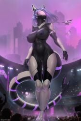 2024 alternate_species anthro armor big_breasts black_body black_nipples breasts crowd digos drone drone_(vehicle) female female_focus fin fish genitals grey_body group hi_res hospitallerinaboat machine marine multicolored_body nipples purple_body pussy ripy_(oc) robot science_fiction shark solo_focus stadium tail tail_fin unconvincing_armor wearing_helmet