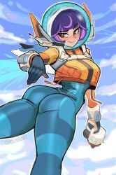 1girls ass big_ass blizzard_entertainment blue_bodysuit bodysuit breasts bubble_butt ckatnha female fully_clothed hair juno_(overwatch) looking_at_viewer looking_back low-angle_view multicolored_hair overwatch overwatch_2 petite petite_body small_breasts solo spacesuit tagme thick_thighs tight_clothing wide_hips