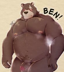 anthro balls bear belly ben_bigger bodily_fluids brown_body brown_fur erection facial_scar fur genital_fluids genitals hi_res male male_only mammal mihoyo missing_eye musclegut muscular musk musk_clouds nipples nude pecs penis precum scar solo stripes_e vein veiny_penis zenless_zone_zero