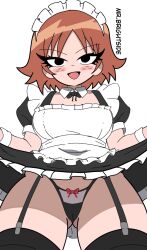 1girls black_eyes black_legwear brown_hair clothed female freckles garter_straps kim_pine legwear maid maid_headdress maid_uniform mr.brightside180 presenting scott_pilgrim short_hair skirt_lift solo solo_female stockings striped_thong thighhighs thong