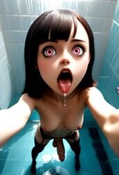 ai_generated breasts flaccid foreskin futaloverart futanari garter_belt mavis_dracula open_mouth saliva selfie shower standing thighhighs tongue_out