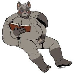 1boy anthro balls barefoot blush book flat_colors holding_object humanoid_penis male male_only mammal masturbation moobs navel nude overweight overweight_male penile_masturbation penis precum raccoon reading signature sitting solo xantouke