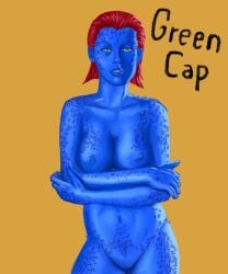 1girls blue_skin breasts female green_cap_comix marvel marvel_comics mystique nipples red_hair solo x-men