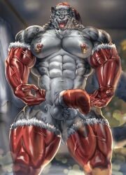 2023 abs absurd_res anthro barazoku biceps big_muscles big_penis biped christmas erection felid foreskin genitals glans hi_res holidays huge_cock huge_muscles humanoid_genitalia humanoid_penis looking_at_viewer male mammal mostly_nude_anthro mostly_nude_male muscular muscular_anthro muscular_male nipple_bell pantherine pecs penis sock_on_penis solo standing tiger tongue tongue_out vein veiny_penis yukihoshiak