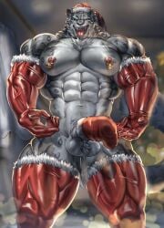 2023 abs absurd_res anthro barazoku biceps big_muscles big_penis biped christmas erection felid foreskin genitals glans hi_res holidays huge_cock huge_muscles humanoid_genitalia humanoid_penis looking_at_viewer male male_only mammal mostly_nude_anthro mostly_nude_male muscular muscular_anthro muscular_male nipple_bell pantherine pecs penis sock_on_penis solo standing tiger tongue tongue_out vein veiny_penis yukihoshiak