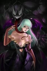 alien capcom crossover darkstalkers demon_wings eastern_and_western_character eddie_brock holding_from_behind long_tongue marvel marvel_comics marvel_vs._capcom morrigan_aensland spider-man_(series) succubus venom_(marvel) wings