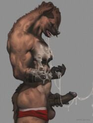 5_fingers abs anthro arm_tattoo ass balls belly bent_arm biceps black_nose blue_eyes bodily_fluids brown_body brown_fur brown_hair brown_penis brown_tail claws clothed clothing cum cum_drip cum_on_arm cum_on_belly cum_on_body cum_on_chest cum_on_chin cum_on_hand cum_on_penis cum_on_self cum_string cumshot dark_body dark_ears dark_fur dark_tail digital_media_(artwork) dripping ejaculation epic_soul erection finger_claws fingers forearm_muscles forearm_tattoo forearms foreskin foreskin_play foreskin_pull fur genital_fluids genital_tattoo genitals glans grey_body grey_eyes grey_fur hair hi_res holding_penis humanoid humanoid_genitalia humanoid_penis hyena long_hair looking_down male male_only mammal markings multicolored_body multicolored_fur muscular muscular_anthro muscular_male neck_muscles nipples nude open_mouth partially_clothed pecs penetration penis penis_tattoo saggy_balls side_view simple_background solo spots spotted_body spotted_fur spotted_hyena standing tail tattoo teeth thabo_(epic_soul) tongue triceps underwear underwear_down
