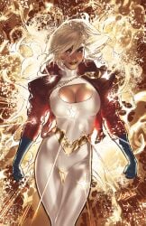 1girls belt big_breasts blonde_hair chains clothing dc dc_comics female fists_clenched flames gloves hi_res highres jacket jacket_open kara_zor-el karen_starr lipstick looking_at_viewer pale_skin power_girl red_jacket smirk smirking steampunk superman_(series) tagme thick_thighs thighs white_suit