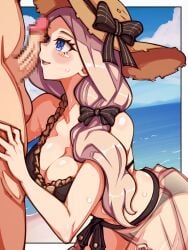 1boy 1girls alternate_costume bare_arms bare_midriff bare_shoulders bare_thighs beach bent_over bikini blonde_hair blue_eyes breasts brown_bikini brown_hair brown_swimsuit censored cleavage collarbone female female_focus fire_emblem fire_emblem:_three_houses fire_emblem_heroes hair_over_shoulder hat imminent_fellatio imminent_oral imminent_sex large_breasts long_hair male mercedes_von_martritz mercedes_von_martritz_(summer) midriff mimizunooka nintendo ocean official_alternate_costume open_mouth outdoors penis penis_awe penis_on_face sarong see-through shoulders side_ponytail smile solo_focus sun_hat sweat swimsuit testicles thighs