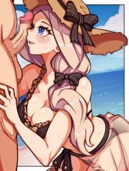 1boy 1girls alternate_costume bare_arms bare_midriff bare_shoulders bare_thighs beach bent_over bikini blonde_hair blue_eyes breasts brown_bikini brown_hair brown_swimsuit censored cleavage collarbone female female_focus fire_emblem fire_emblem:_three_houses fire_emblem_heroes hair_over_shoulder hat imminent_fellatio imminent_oral imminent_sex large_breasts light-skinned_female light-skinned_male light_skin long_hair male mercedes_von_martritz mercedes_von_martritz_(summer) midriff mimizunooka nintendo ocean official_alternate_costume open_mouth outdoors penis penis_awe penis_on_face sarong see-through shoulders side_ponytail smile solo_focus sun_hat sweat swimsuit testicles thighs