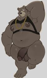 2024 anthro armpit_hair bear belly ben_bigger biceps big_bulge blush body_hair bottomless bulge chain_necklace clothed clothing eye_scar facial_scar genitals hand_behind_head hi_res humanoid_genitalia humanoid_penis hunnipanda jewelry male male_only mammal mihoyo moobs musclegut muscular navel necklace nipple_piercing nipples on_one_leg overweight overweight_male penis piercing scar simple_background solo standing thick_penis white_background zenless_zone_zero